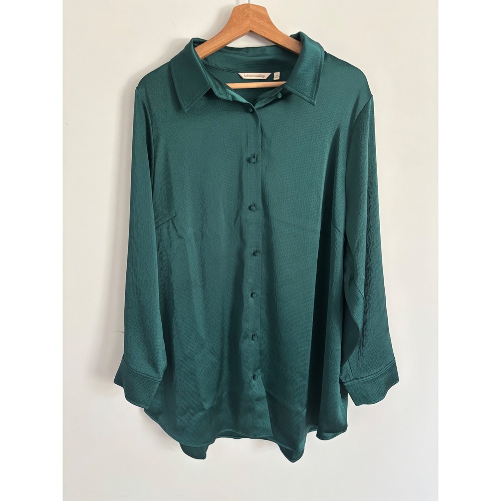 Soft Surroundings Emerald Green Satin Textured Button Down Blouse size 1X